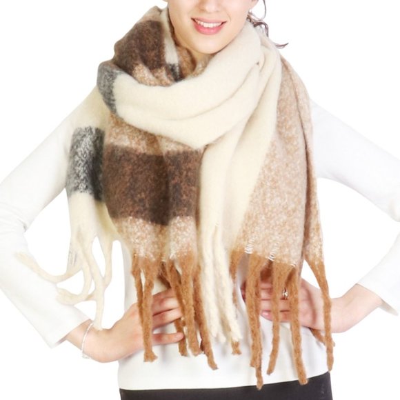 Accessories - Soft Neutral Color Blanket Scarf/Wrap W/Tassels -20" X 73"- Beige/Cream/Brown